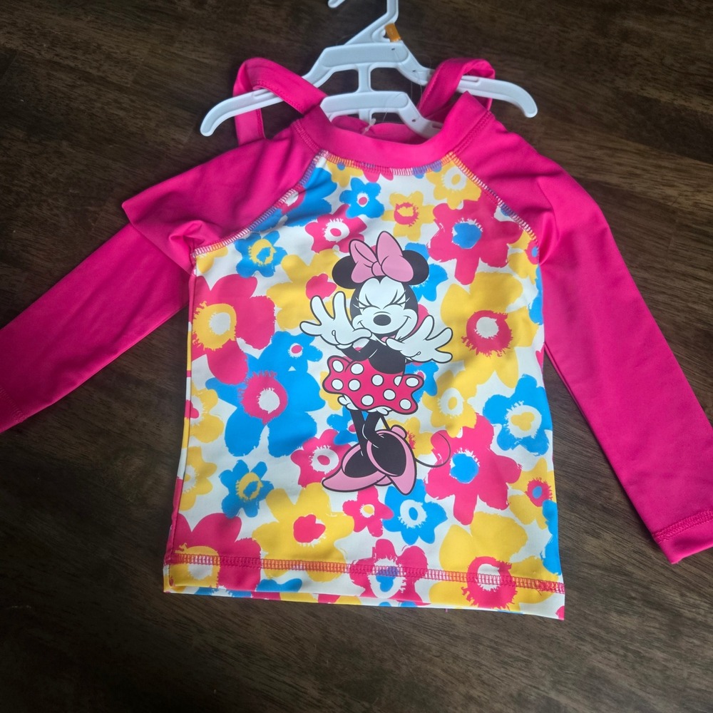 Disney Minnie Mouse Girls 3 Piece Rash Guard Bikini Swimsuit Set Pink Floral 2T